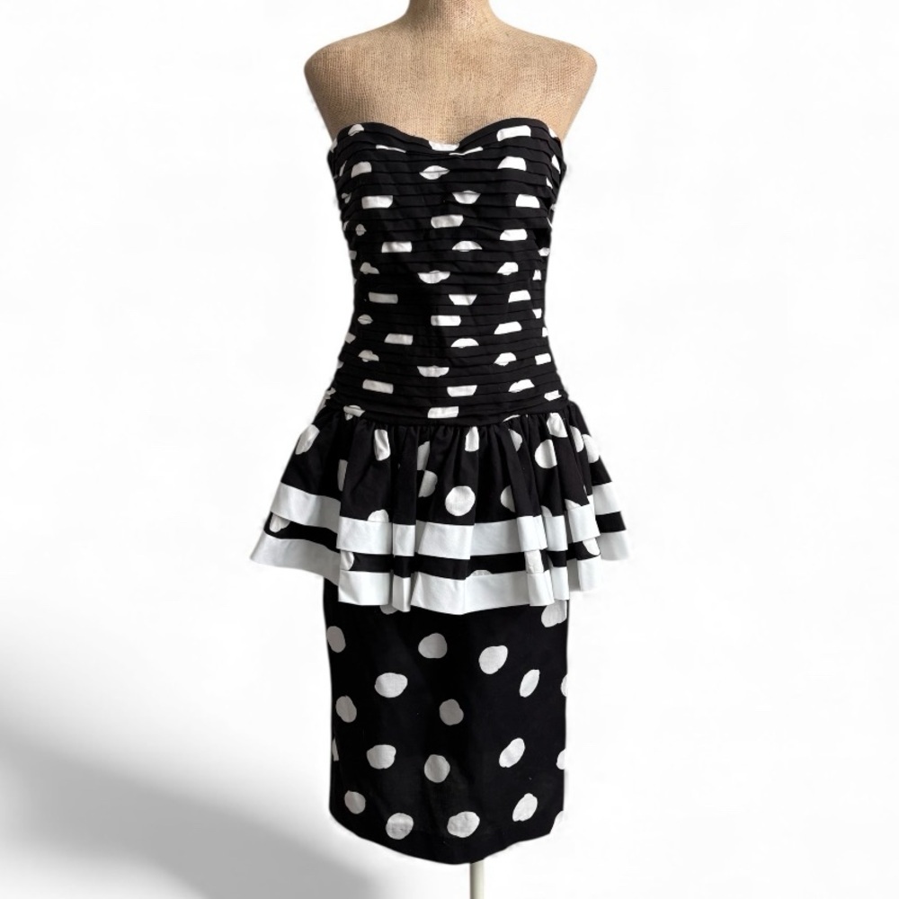 Vintage 1980s Robbie Bee Polka Dot Strapless Peplum Dress Size 10
